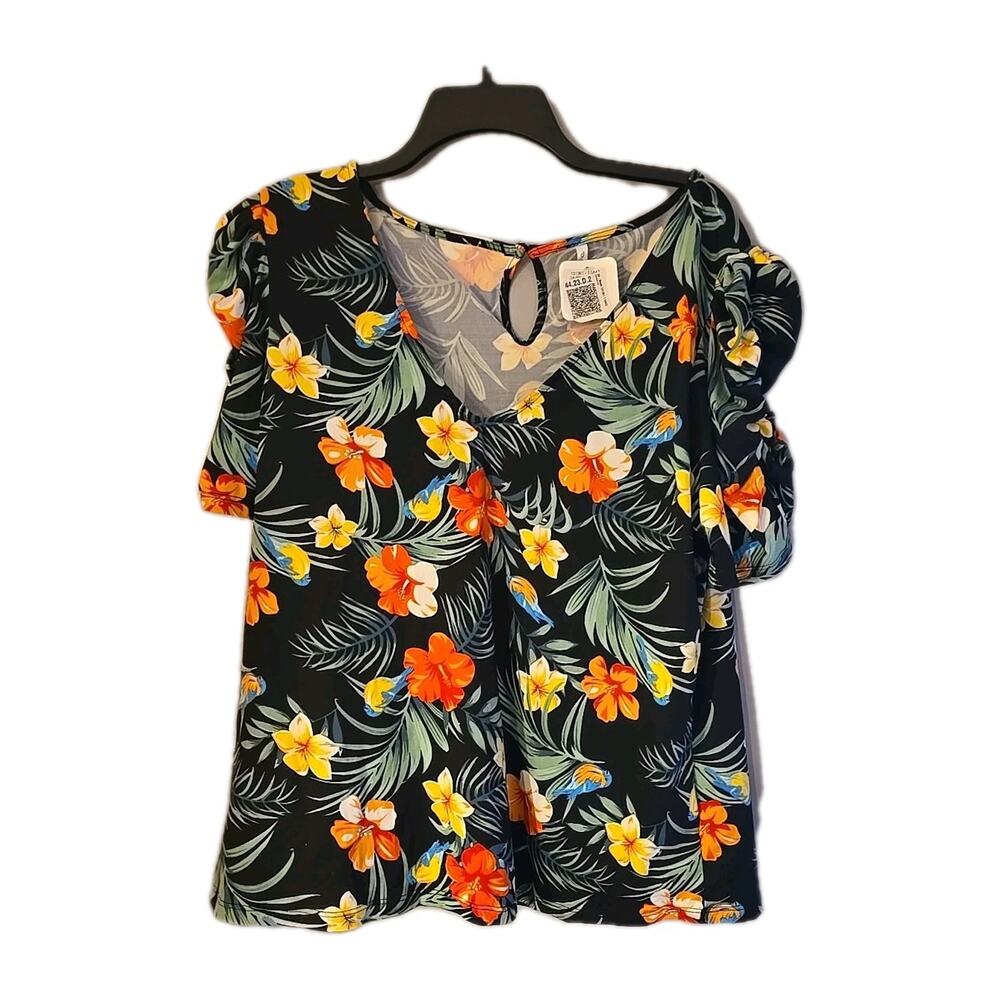 NWT DNA Couture Black Tropical V-Neck Short Sleeve Summer Top Womans Size 3X